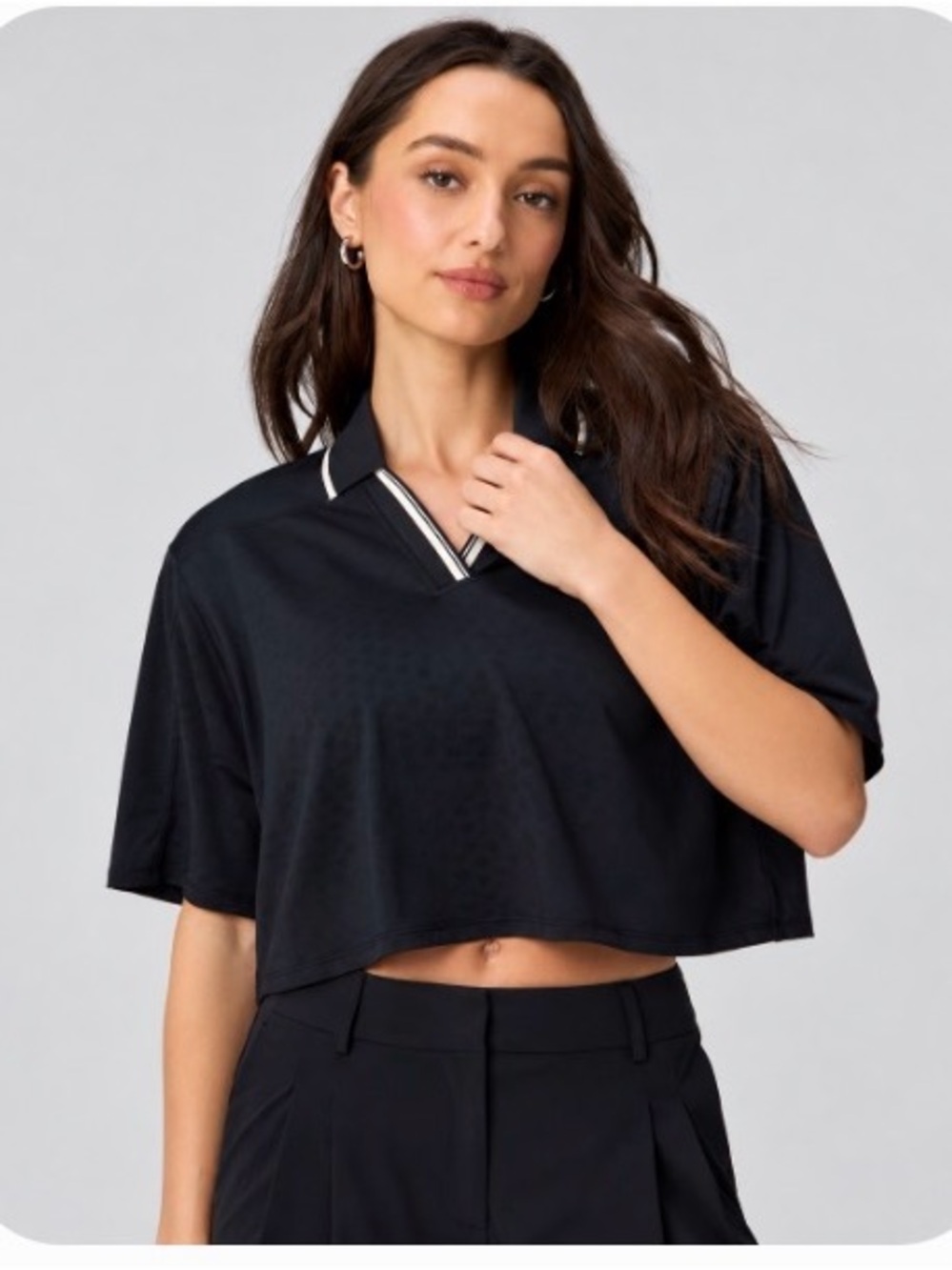 Fabletics Black Cropped Polo V-Neck Top with White Trim